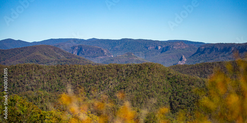 panorama of mountains of gold coast hinterland as seen from the top of pages pinnacle ridge; beautiful mountains near brisbane and gold coast in south east queensland, australia