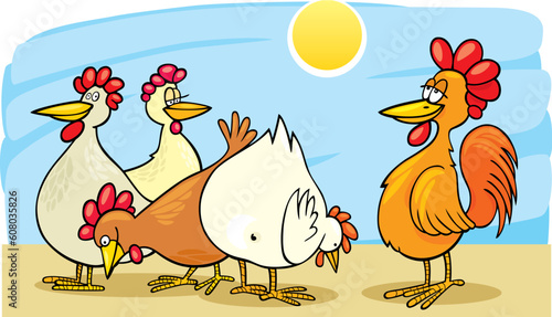 Illustration of rooster and hens on farm