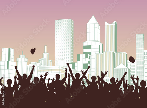 Editable vector silhouette of a crowd celebrating on a city street