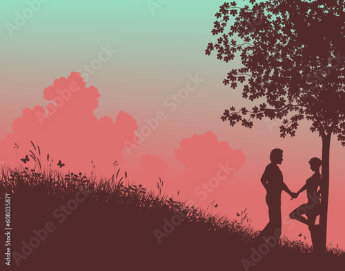 Fototapeta Naklejka Na Ścianę i Meble -  Editable vector silhouette of a young couple in a field with people, tree and grass as separate elements