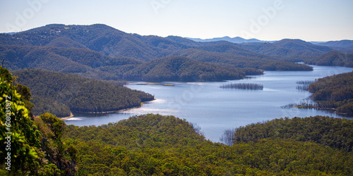 Panorama of advancetown lake and springbrook national park as seen from the top of pages pinnacle mountain ridge; hiking in the mountains near gold coast, queensland, australia