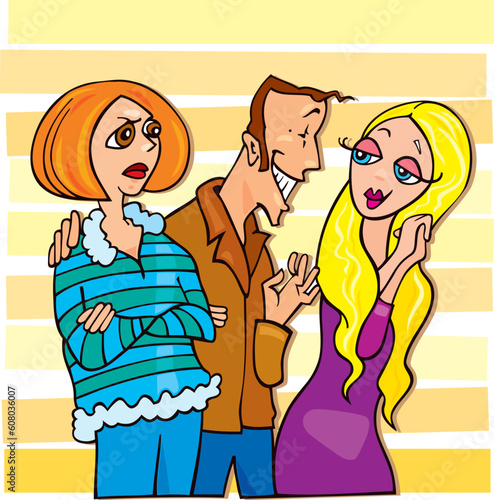 Cartoon illustration of man talking to cute blonde girl and his jealous wife