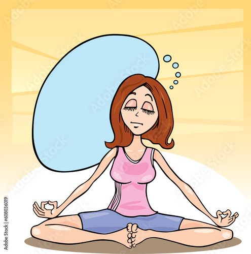 Cartoon vector illustration of meditating woman