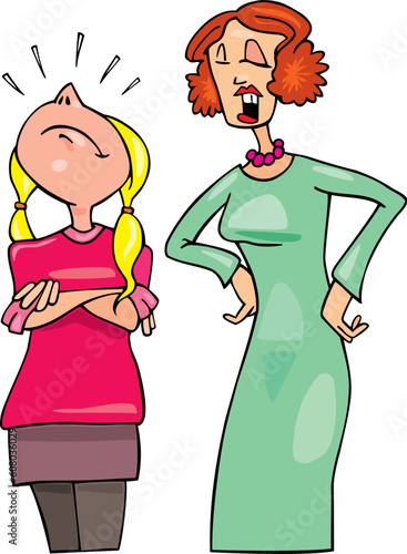 Illustration of puffed up girl and her mother