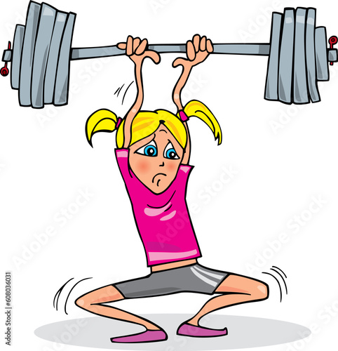 Cartoon illustration of teen girl lifting heavy weight