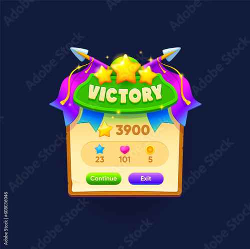 Game victory sign or banner and popup window with scores and rankings, vector GUI menu. Arcade video game award pop up screen with stars, golden coin rewards and heart props with gamer app buttons