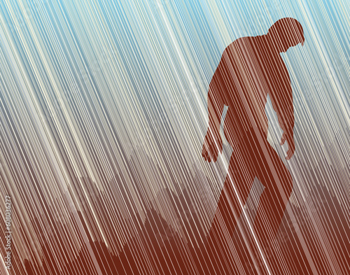 Editable vector illustration of a man walking in torrential rain