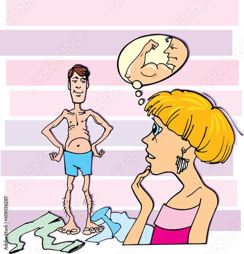 Cartoon illustration of disappointed woman and thin guy