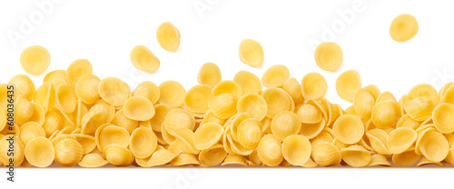 seamless tiling pasta border made of scattered Italian "orecchiette" (small ears) noodles isolated over a transparent background, cut-out vegetarian / vegan food or diet design element, PNG