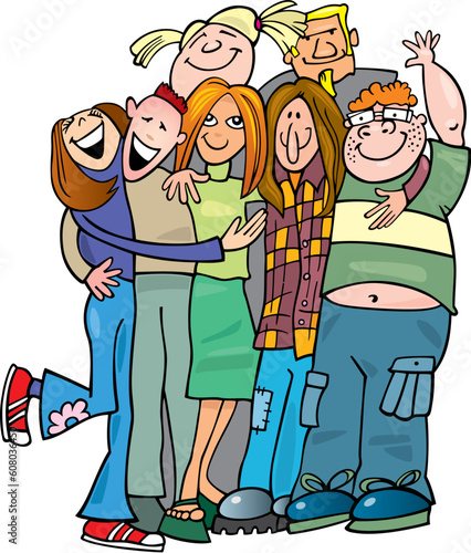 Illustration of school teens group giving a hug