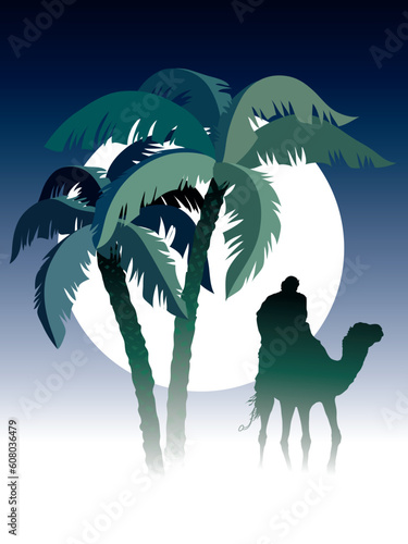 Palm trees, man riding on camel, sky and moon in the background
