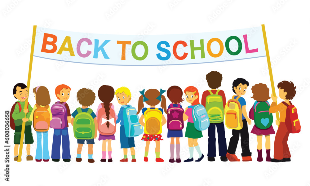 Fototapeta premium Group of elementary school pupils standing with large banner.