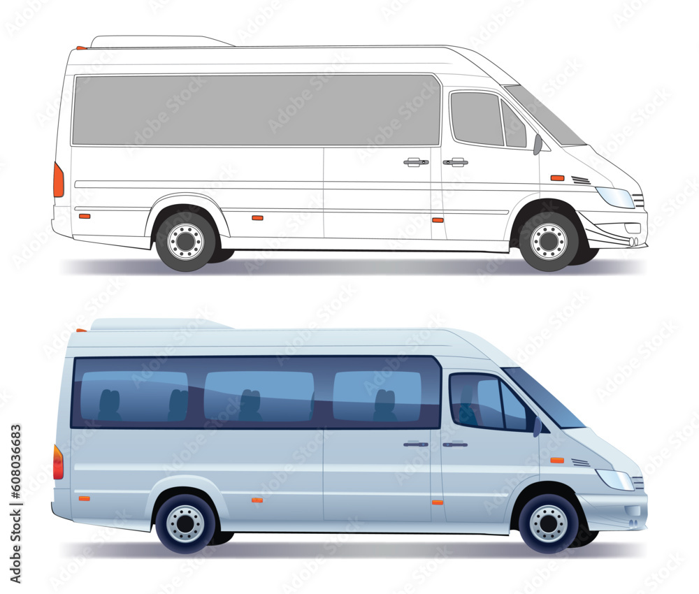Commercial vehicle - silver passenger minibus - colored and layout Commercial vehicle - silver passenger minibus - colored and layout