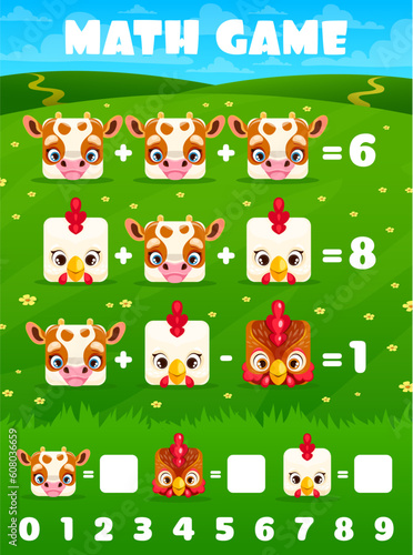 Rooster, hen and cow square animal faces. Math game worksheet. Vector mathematics riddle for children arithmetic learning. Development of calculation skills, puzzle task with farm fowl and cattle © Vector Tradition
