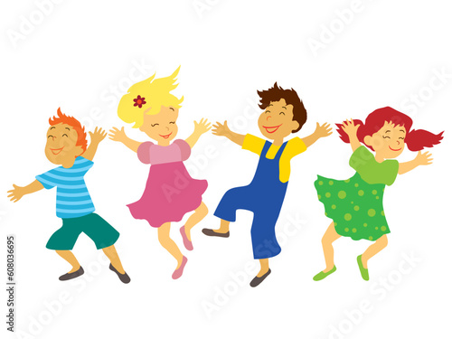 Children with smiling faces are playing, jumping and dancing.