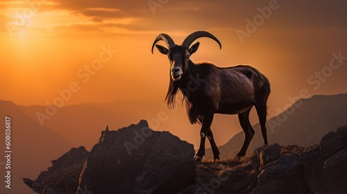 mountain goat on sunset