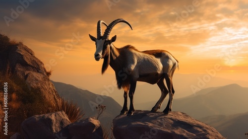 mountain goat on sunset
