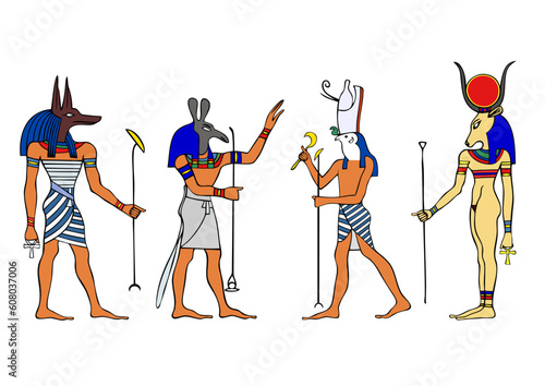 Various Egyptian Gods and Goddess.  Left to right: Anubis, Seth, Horus and Hathor.  Anubis - Yinepu - dog or jackal god of embalming and tomb-caretaker who watches over the dead - associated with mumm