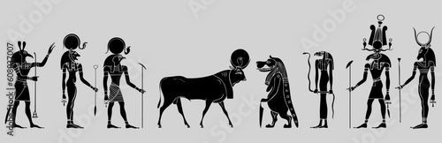 Various Egyptian gods, goddess, creatures and demons.  Anubis, Seth, Ra, Apis, Khensu, Hathor, Horus and other.  This file is vector - can be scalled to any size without loss of quality.