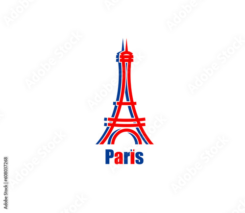Paris Eiffel Tower icon with french travel landmark vector silhouette. Romantic tours of France, Paris city architecture iron monument isolated symbol with abstract Eiffel Tower in blue and red colors