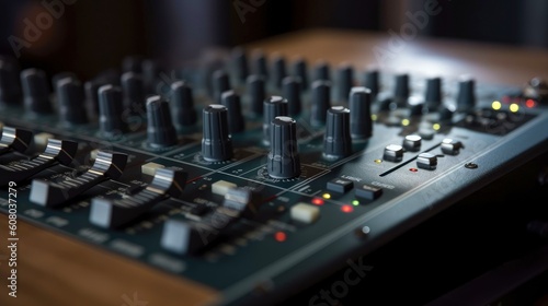 Sound panel for working in the studio and on TV projects. Close-up of the Mixing console. mixing knobs. mix musical tracks on techno party in night club. blurred concept, Generative AI illustration