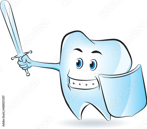 A tooth holding a sword and shield to defense himself.
