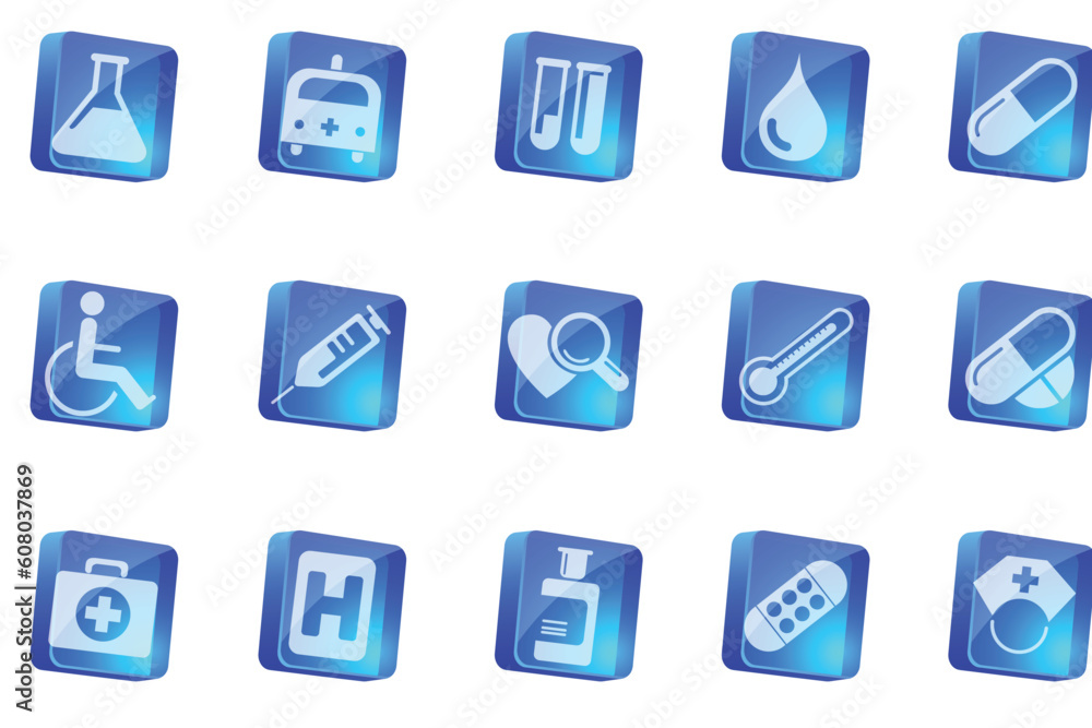 Healthcare and Pharma icons blue transparent box series Healthcare and Pharma icons blue transparent box series
