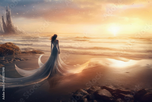 Woman in white dress on the seashore in the early morning dawn, fantasy painting, landscape, seascape, Celtic. Generative AI