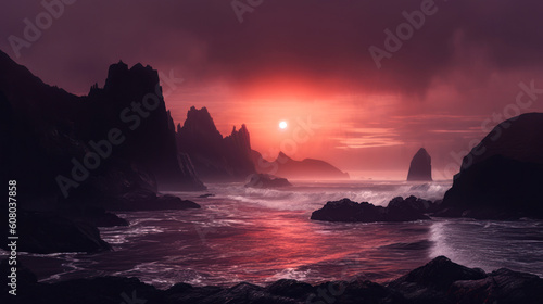 Mystical red sunrise over dark black cliffs, shore, mist. Generative AI