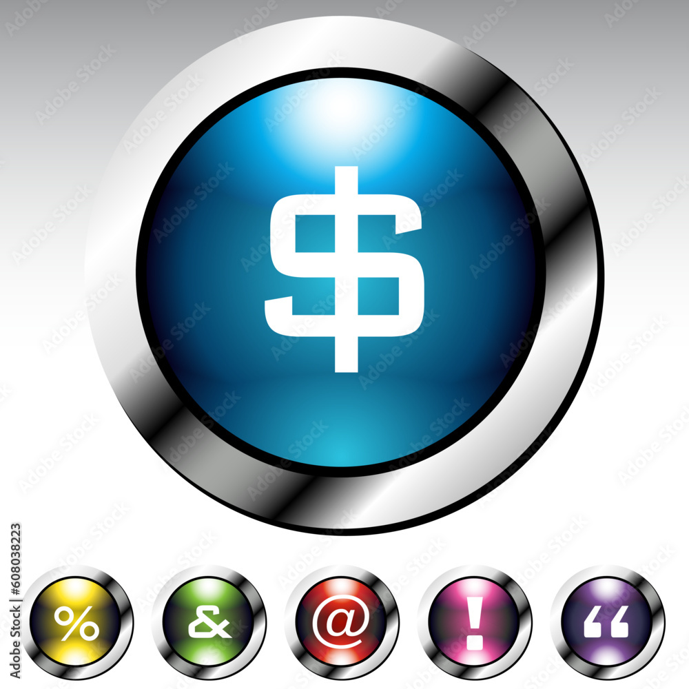 An image of a symbol glossy button metallic set. An image of a symbol glossy button metallic set.