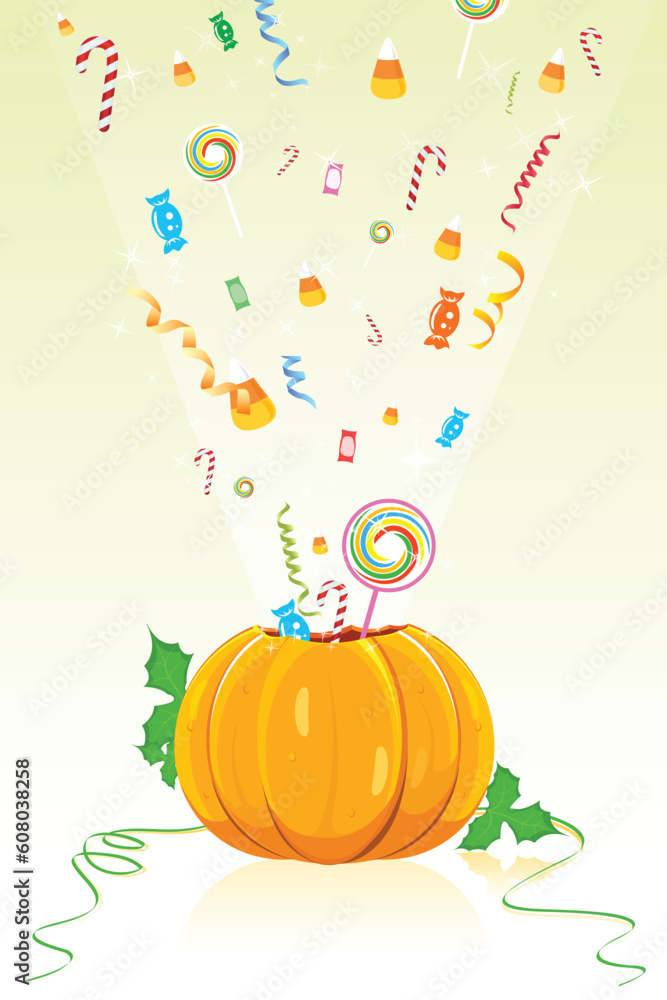 illustration of blast of candies from halloween pumpkin