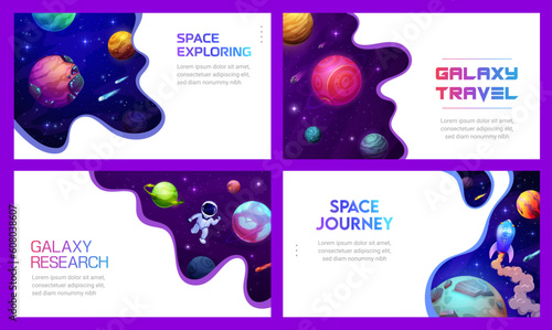 Space landing pages, paper cut starry galaxy, astronaut and spaceship, vector backgrounds. Cartoon spacecraft rocket in galaxy universe, space journey and cosmic exploration landing page templates