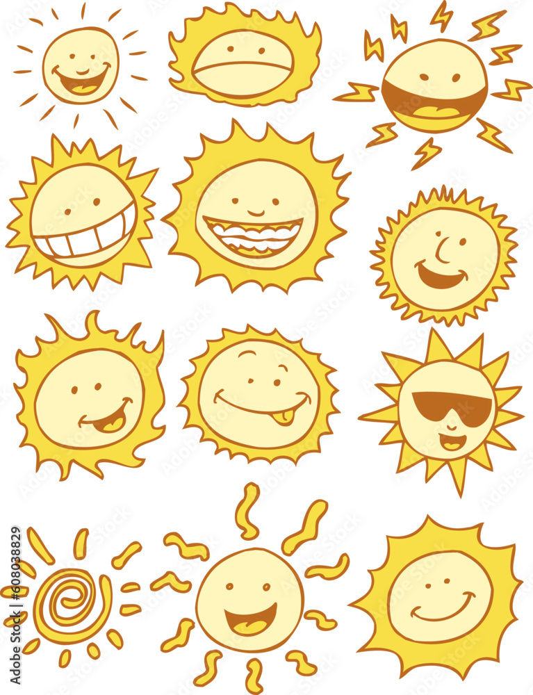 Set of 12 funny cartoon suns.