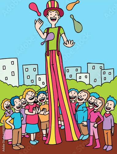 Man entertains a crowd in the park on stilts and juggling.