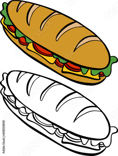 Cartoon image of a variety of submarine sandwich - both color and black / white versions.