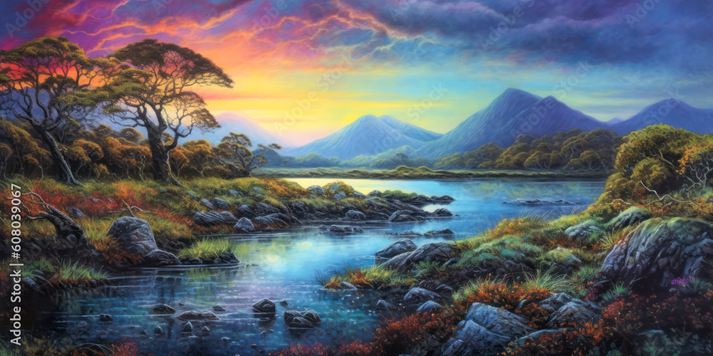 Colorful landscape painting, Celtic. Generative AI