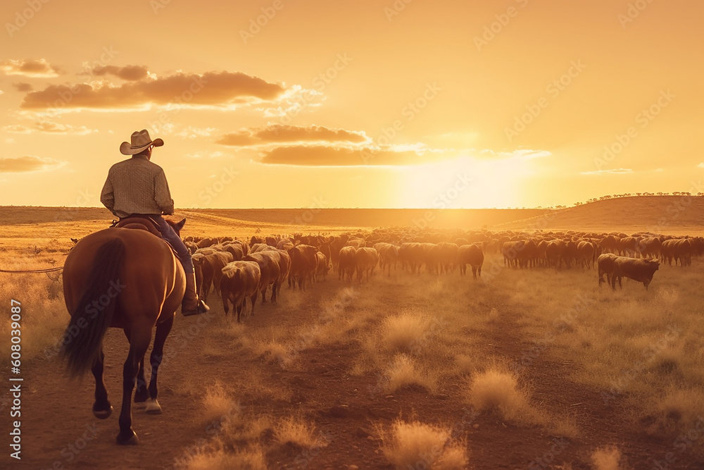 Australian outback landscape with man on horse herding cattle along a dusty paddock at sunset.  Generative AI - obrazy, fototapety, plakaty 