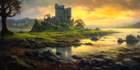 Leinwandbilder Grau Old castle ruins on seashore in early morning misty dawn, empty landscape painting, Celtic. Generative AI  © Sunshower Shots