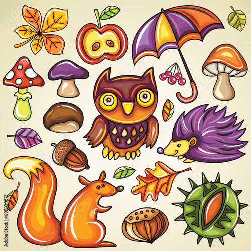 Vector set of colorful autumnal objects: leaf, umbrella, apple, mushrooms,  owl, berries, chestnut, hazelnut, hedgehog, squirrel, acorn, fly agaric
