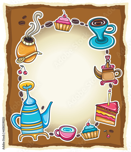 Cute grunge frame with coffee, tea, cake, yerba mate symbols, isolated on wooden background.