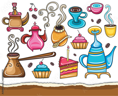 Cartoon collection of cute icons - coffee, tea, yerba mate theme