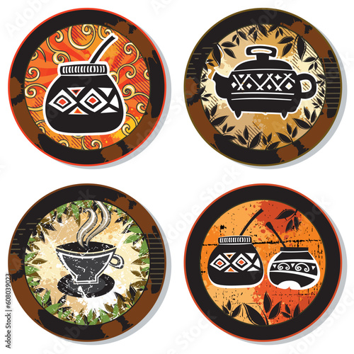 Grunge collection of drink coasters - coffee, tea, yerba mate theme, isolated on white background