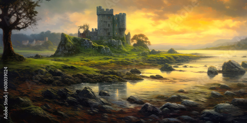 Old castle ruins on seashore in early morning misty dawn, empty landscape painting, Celtic. Generative AI
