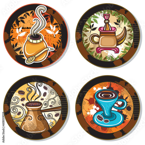 Grunge collection of drink coasters - coffee, tea, yerba mate theme, isolated on white background