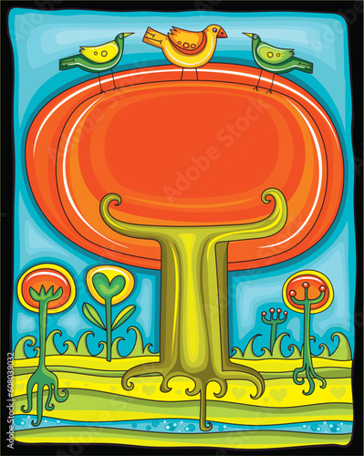 Beautiful Autumn Landscape with big tree and colorful birds. you can put your text inside of the tree.