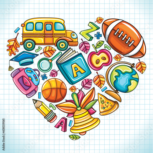Different types of colorful school icons, combined in a shape of a heart.
