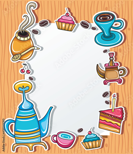 Cute grunge frame with coffee, tea, cake, yerba mate symbols, isolated on wooden background.