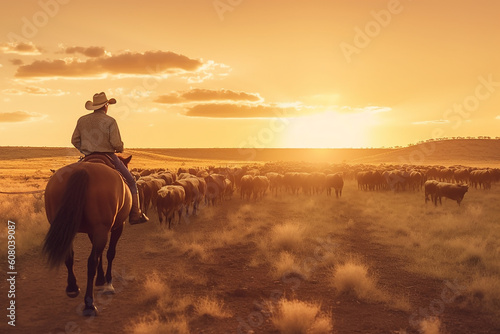 Australian outback landscape with man on horse herding cattle along a dusty paddock at sunset.  Generative AI photo