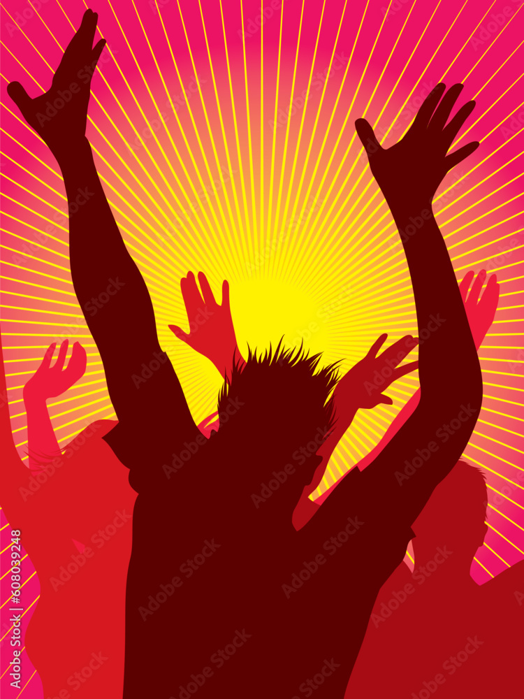 Vector silhouettes of young people dancing and sunburst background Vector silhouettes of young people dancing and sunburst background
