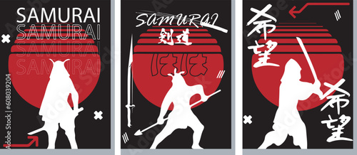 vector collection of Japanese samurai posters. for printing clothes and print media. 90s style japan. art samurai red and black color